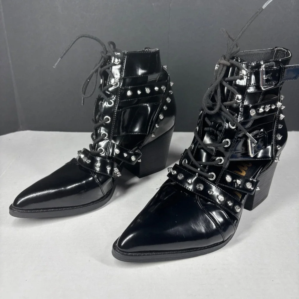 Sam Edelman Elana Black Studded Buckle Lace Up Booties Womens 10 Cutout Punk NEW - Picture 3 of 9